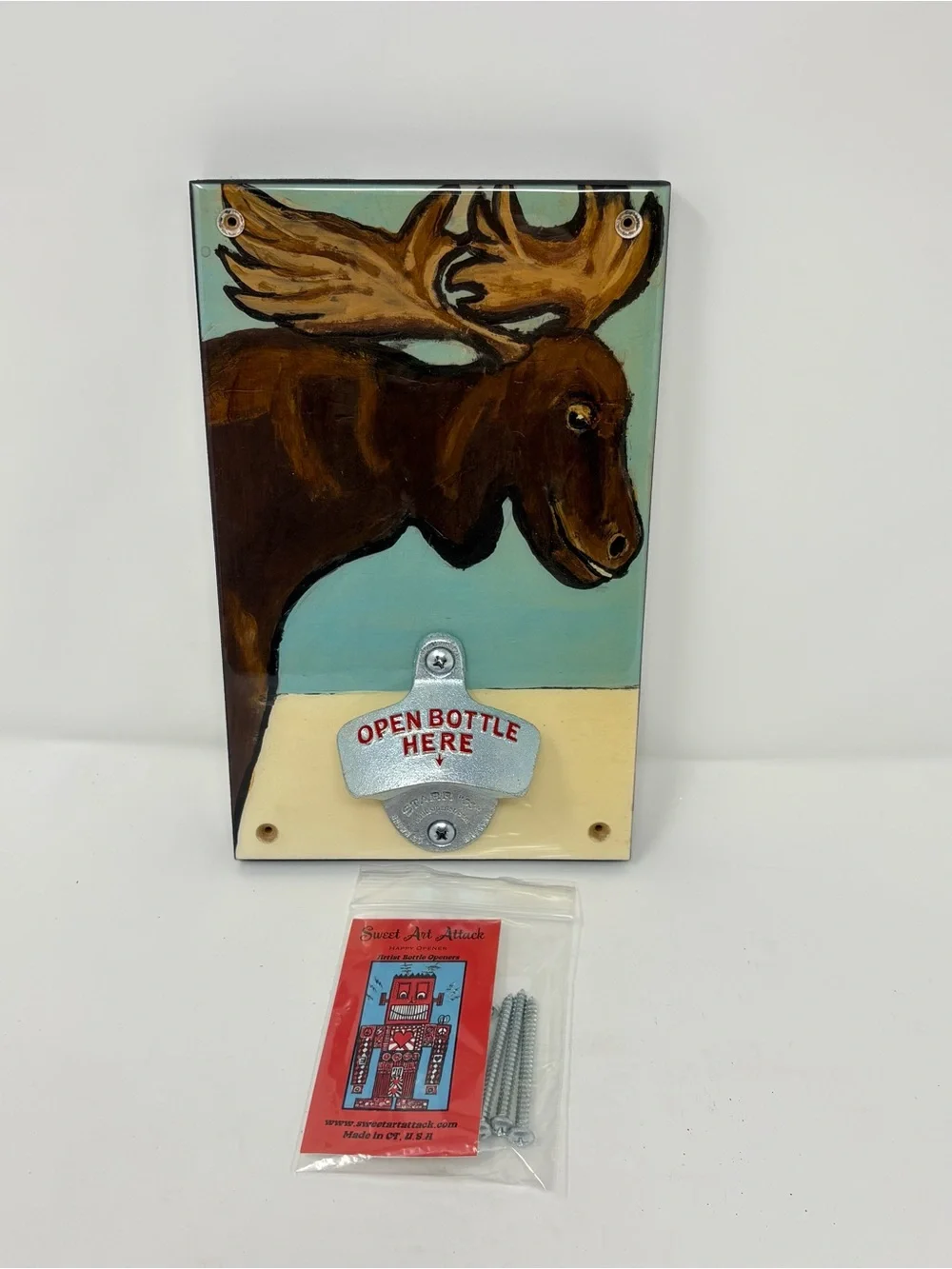 Sweet Art Attack Wall Mounted Bottle Opener Moose Folk Art Sign USA Made NIP